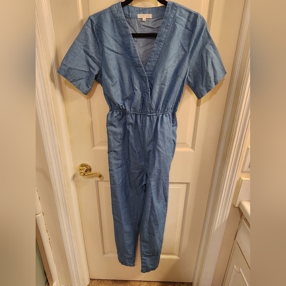 EMORY PARK chambray Jean like Short Sleeve Pant Romper medium